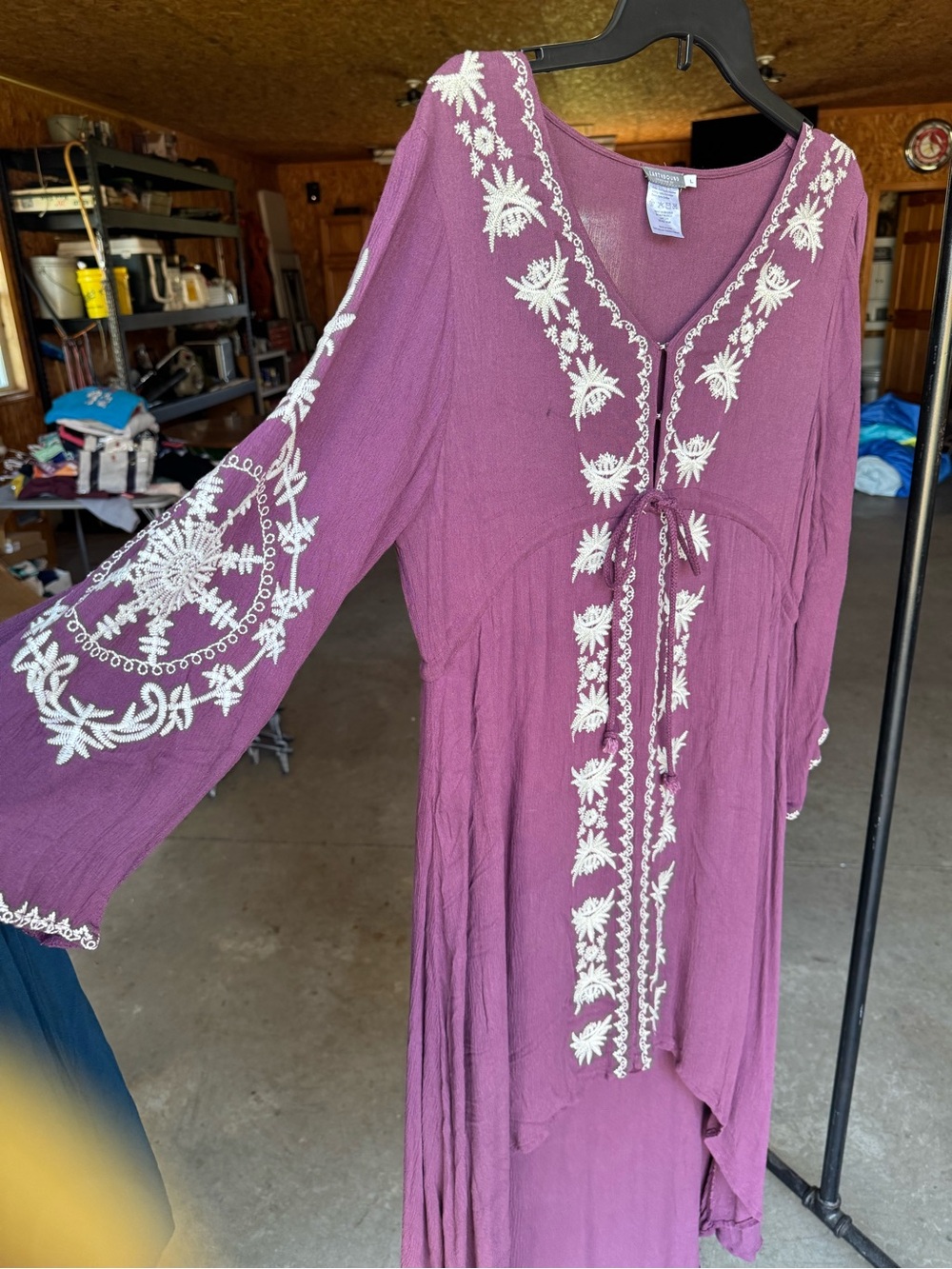 Embroidered Plum Boho Tunic Dress with White Floral Detail